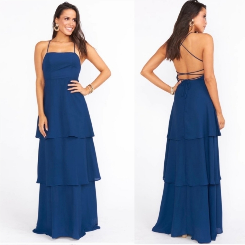 Show Me Your Mumu Calypso Ruffle Dress Women's Large Rich Navy Crisp  Golden 3